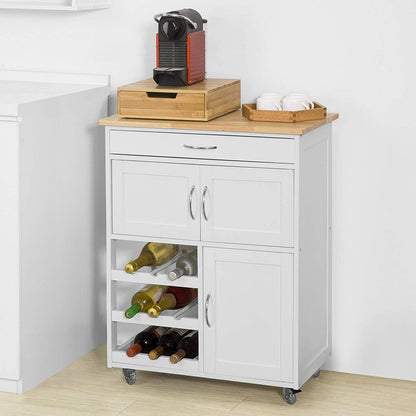 White kitchen island with wooden top, storage compartments, and wine bottles.