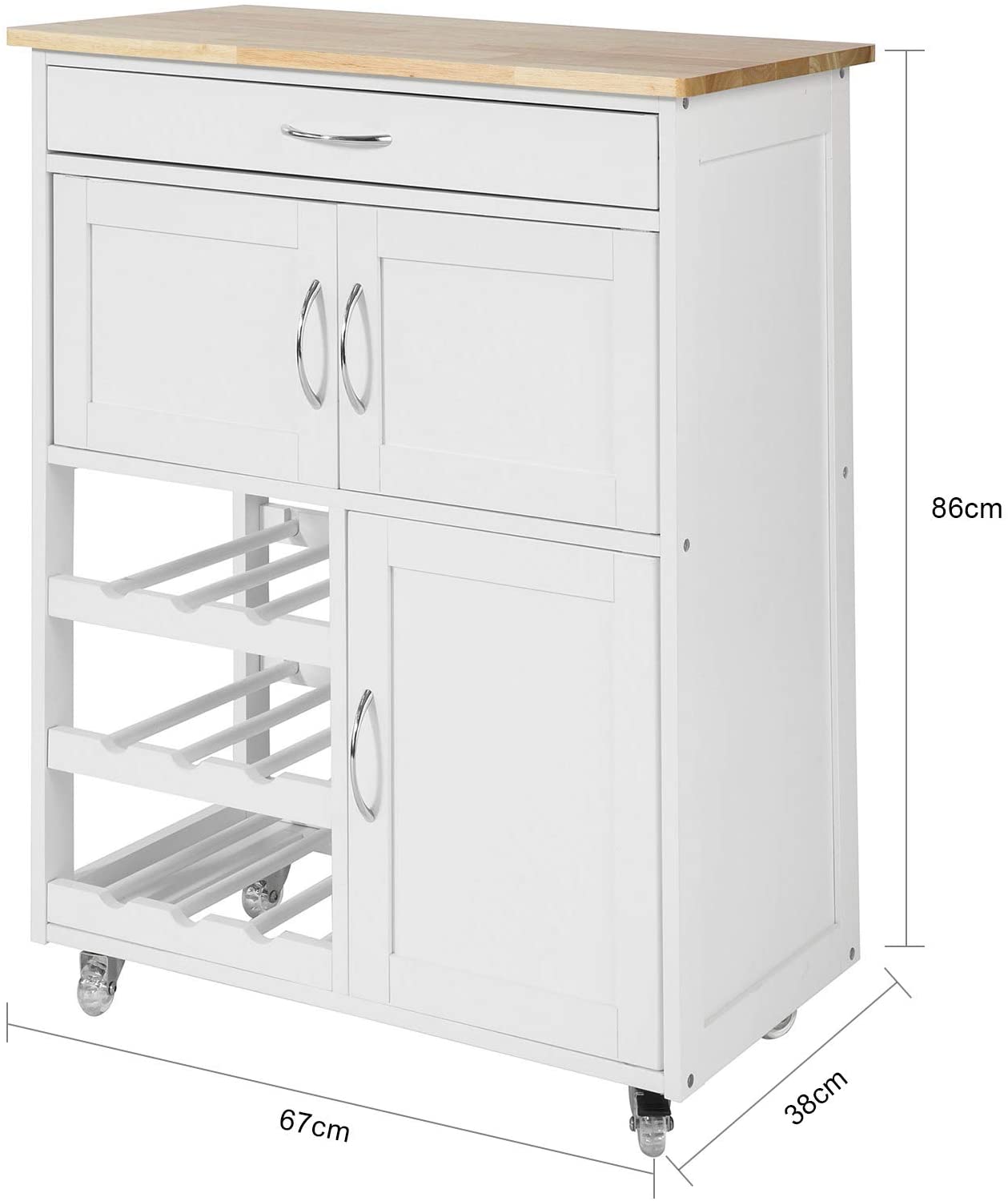 White kitchen island with wooden top and dimensions displayed