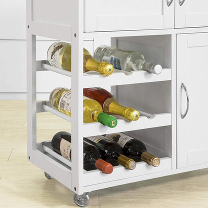 White kitchen cart with wine bottles on a light wood floor.