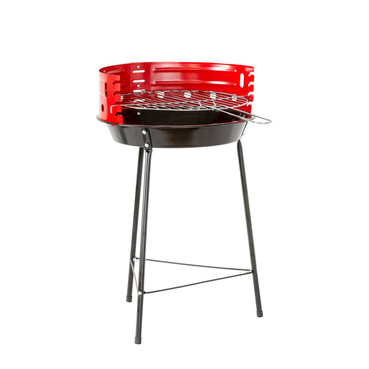 Red and black portable grill on a white background