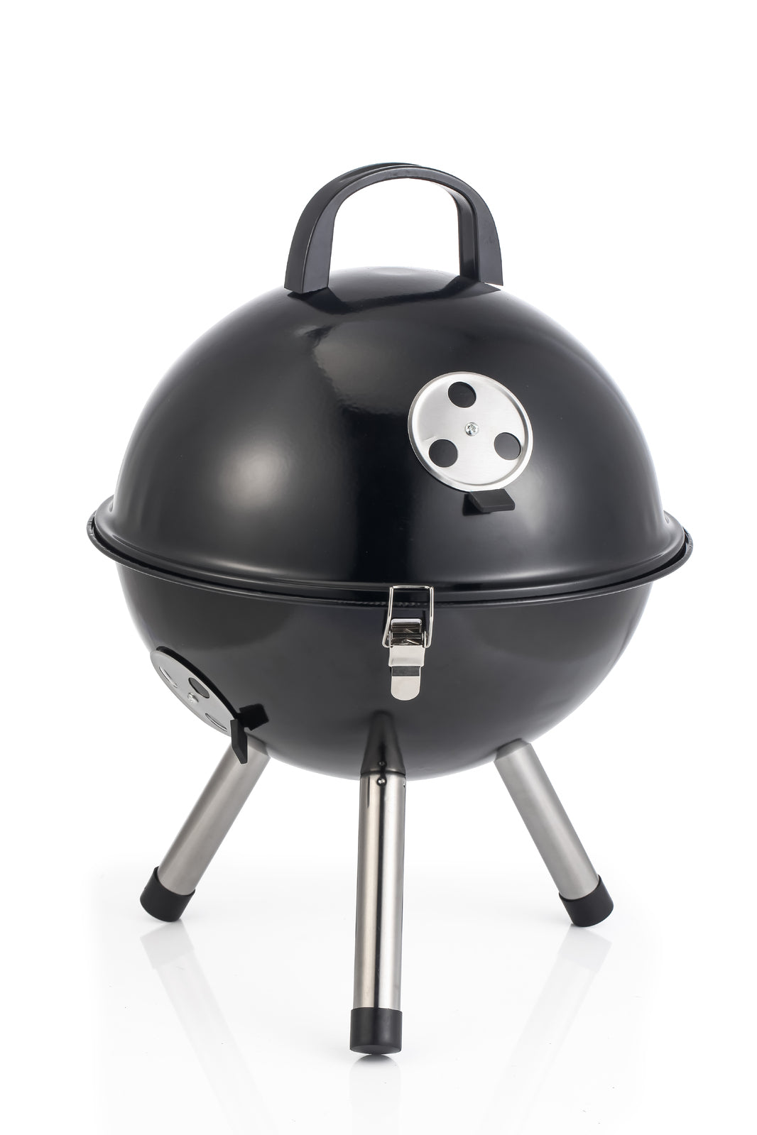 Black charcoal grill with a white background