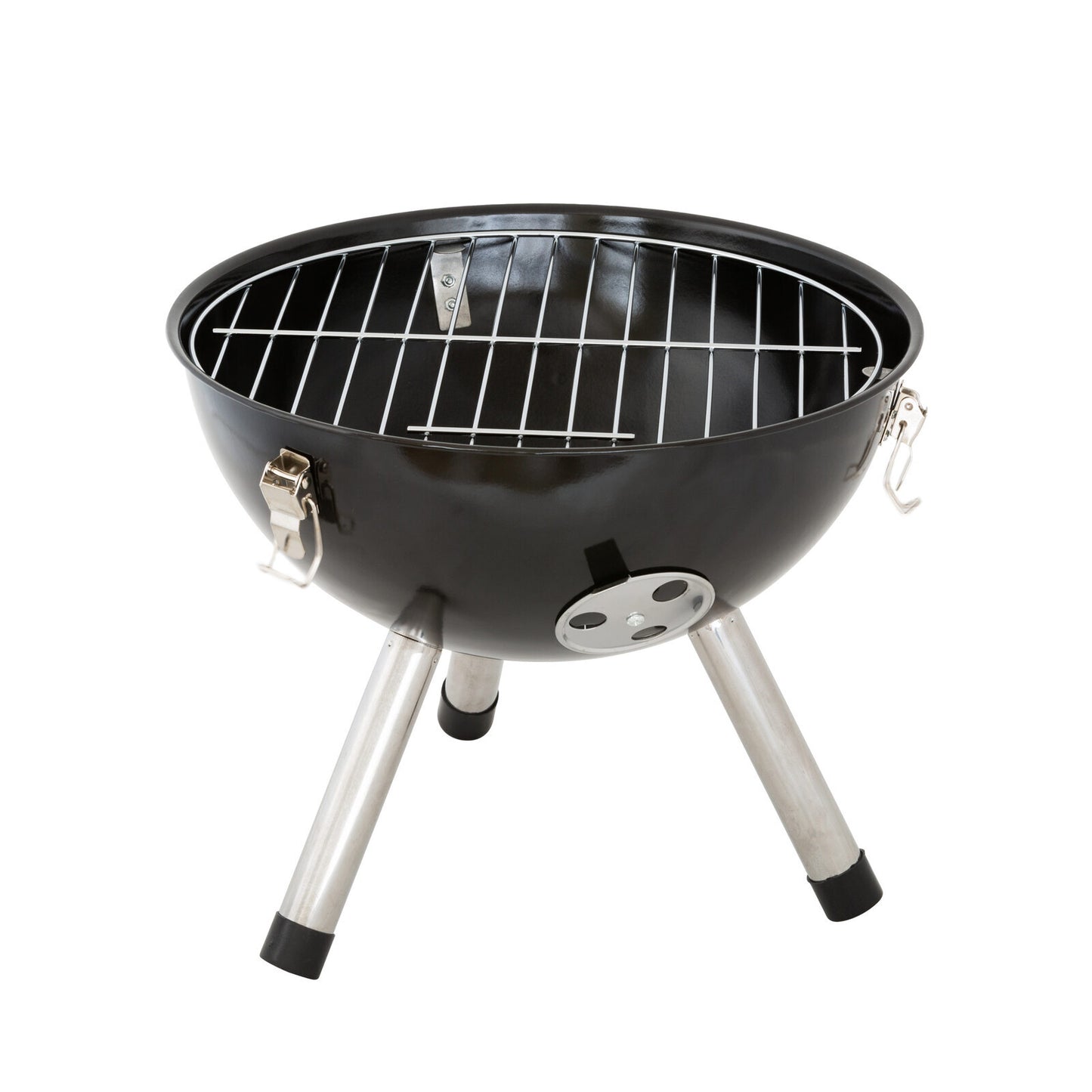 Black portable grill with metal legs on a white background
