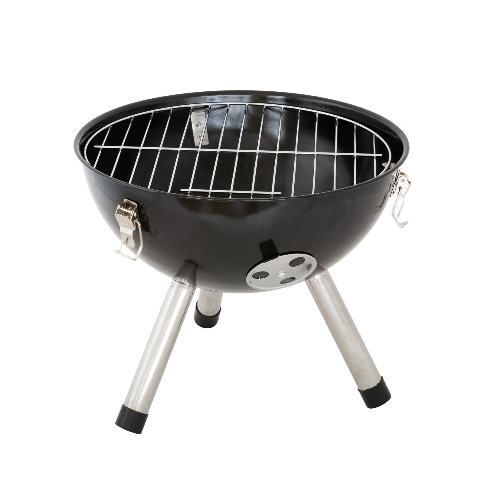 Black portable grill with metal legs on a white background