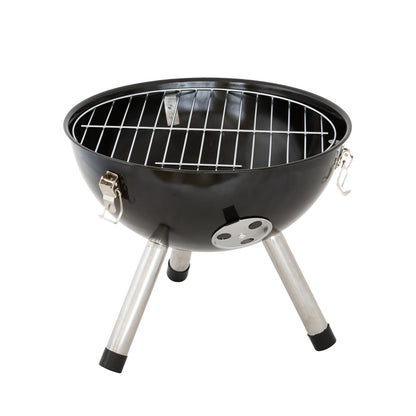 Black portable grill with metal legs on a white background