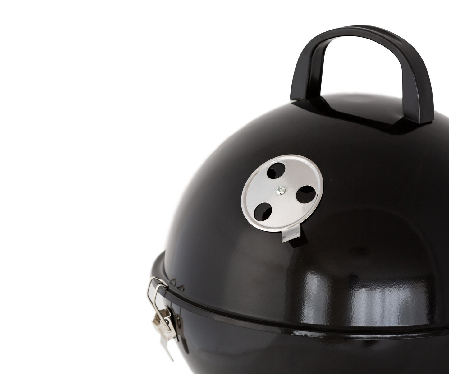 Black barbecue grill with a silver logo on a white background