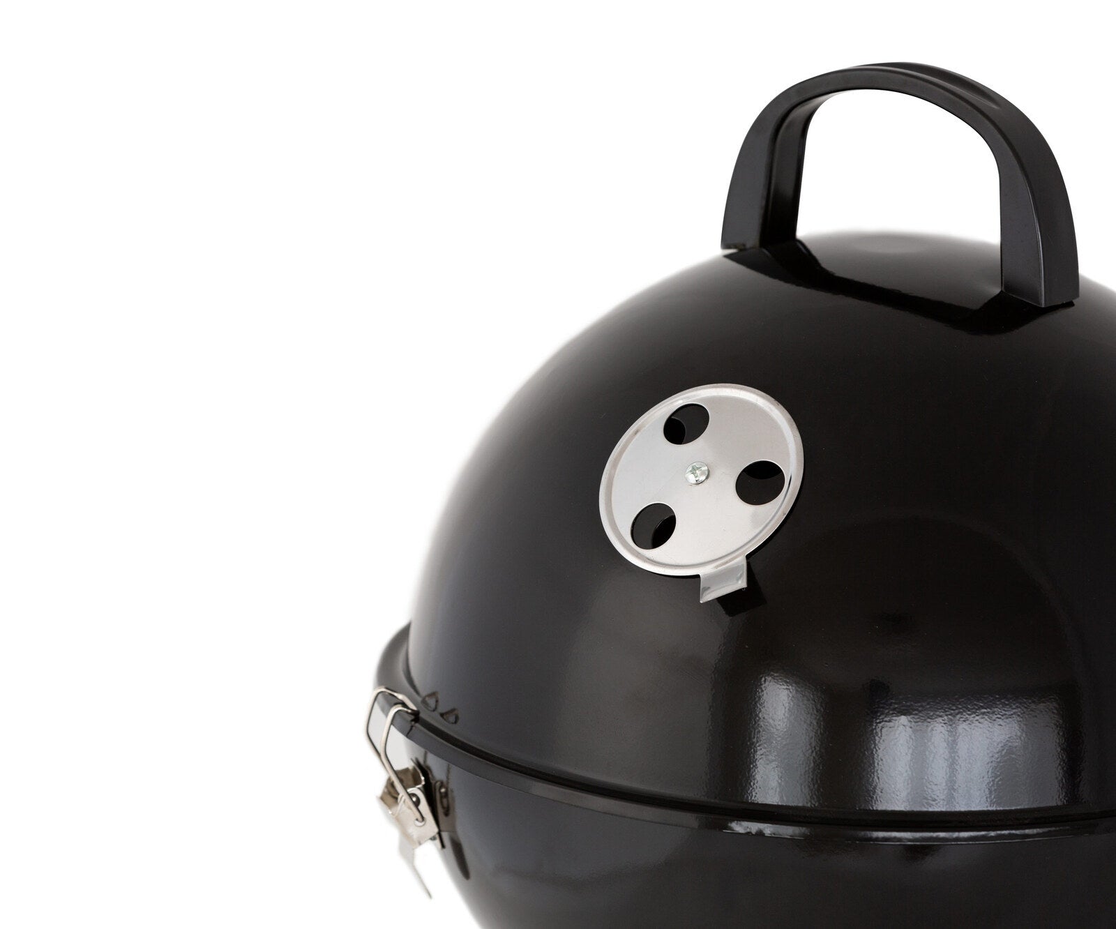 Black barbecue grill with a silver logo on a white background