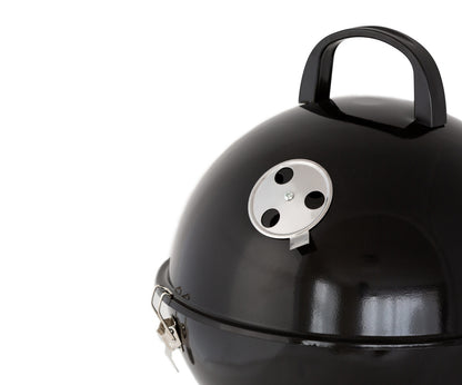 Black barbecue grill with a silver logo on a white background