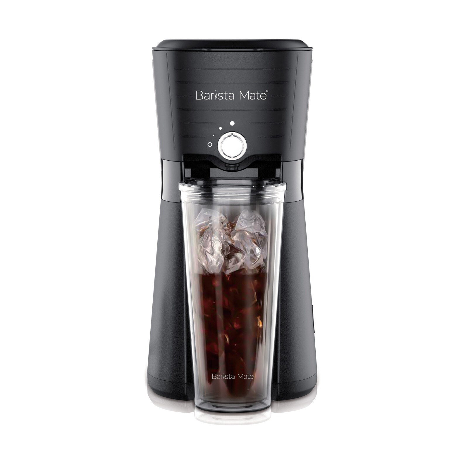 Barista Mate coffee maker with a glass container filled with iced coffee on a white background