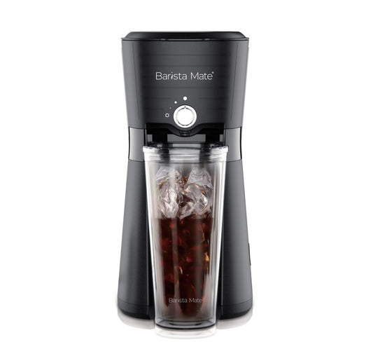 Barista Mate coffee maker with a glass container filled with iced coffee on a white background
