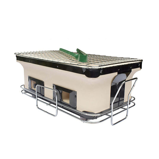 Beige and black rectangular container with metal grid and support structure on a white background