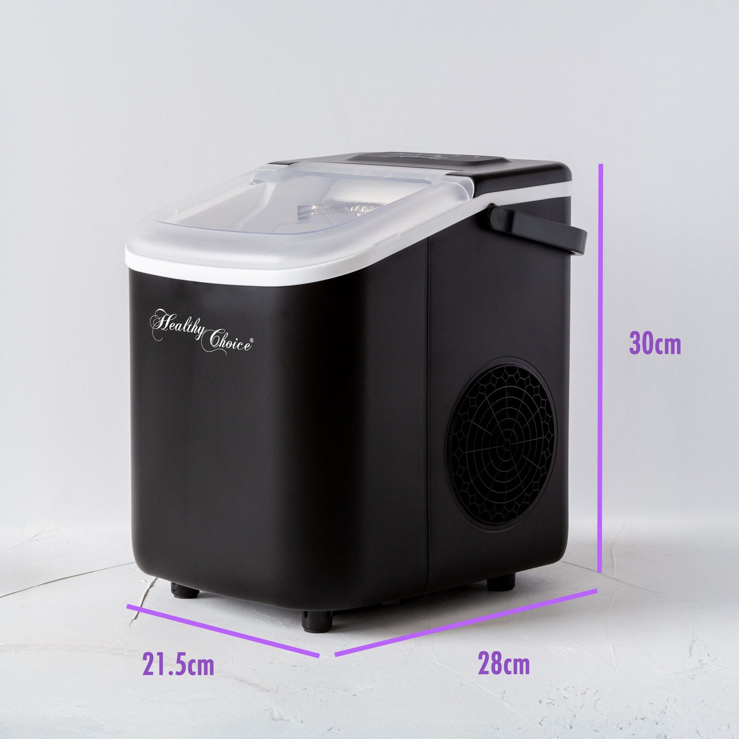 Black ice cream maker with dimensions labeled on a white background