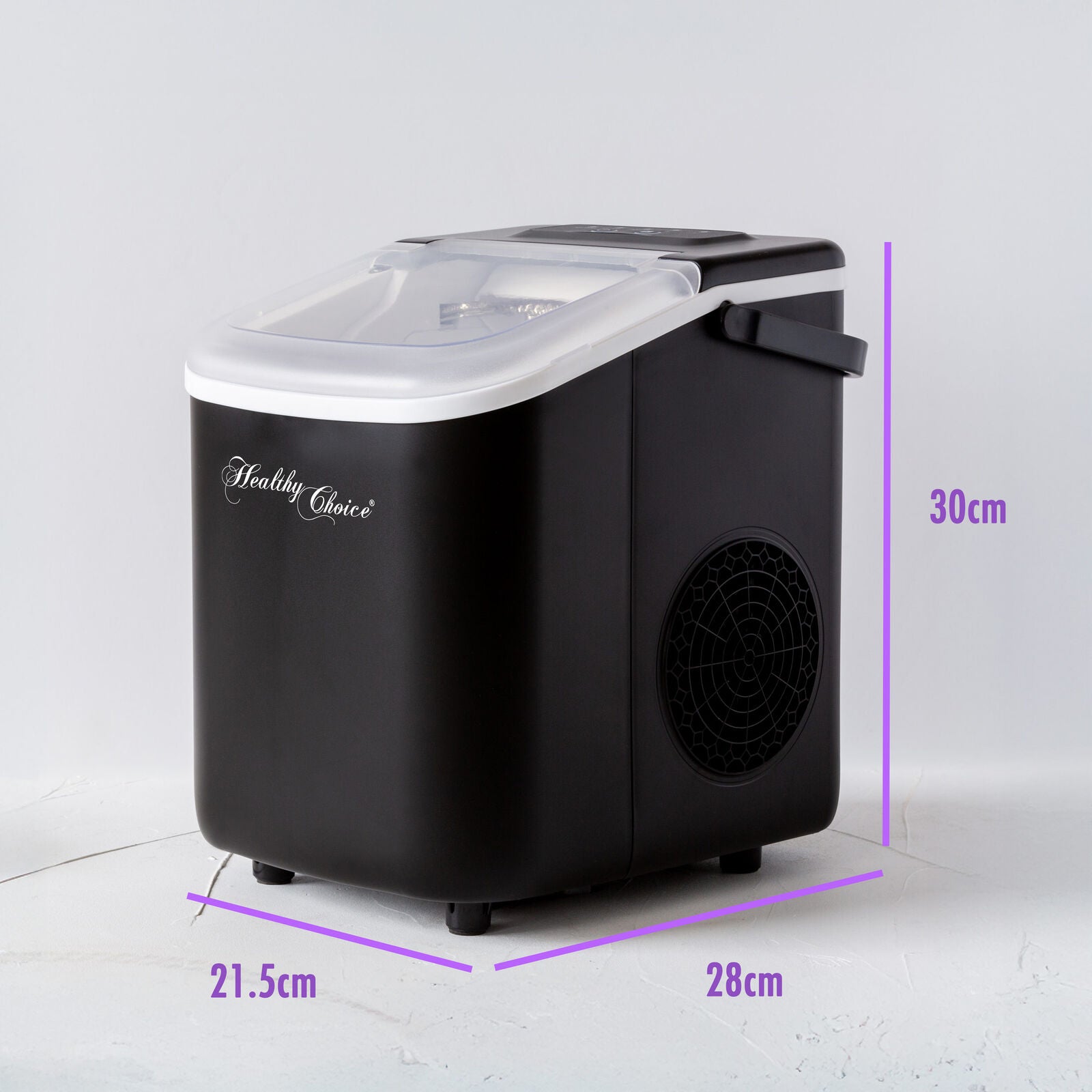 Black ice cream maker with dimensions labeled on a white background
