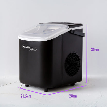 Black ice cream maker with dimensions labeled on a white background