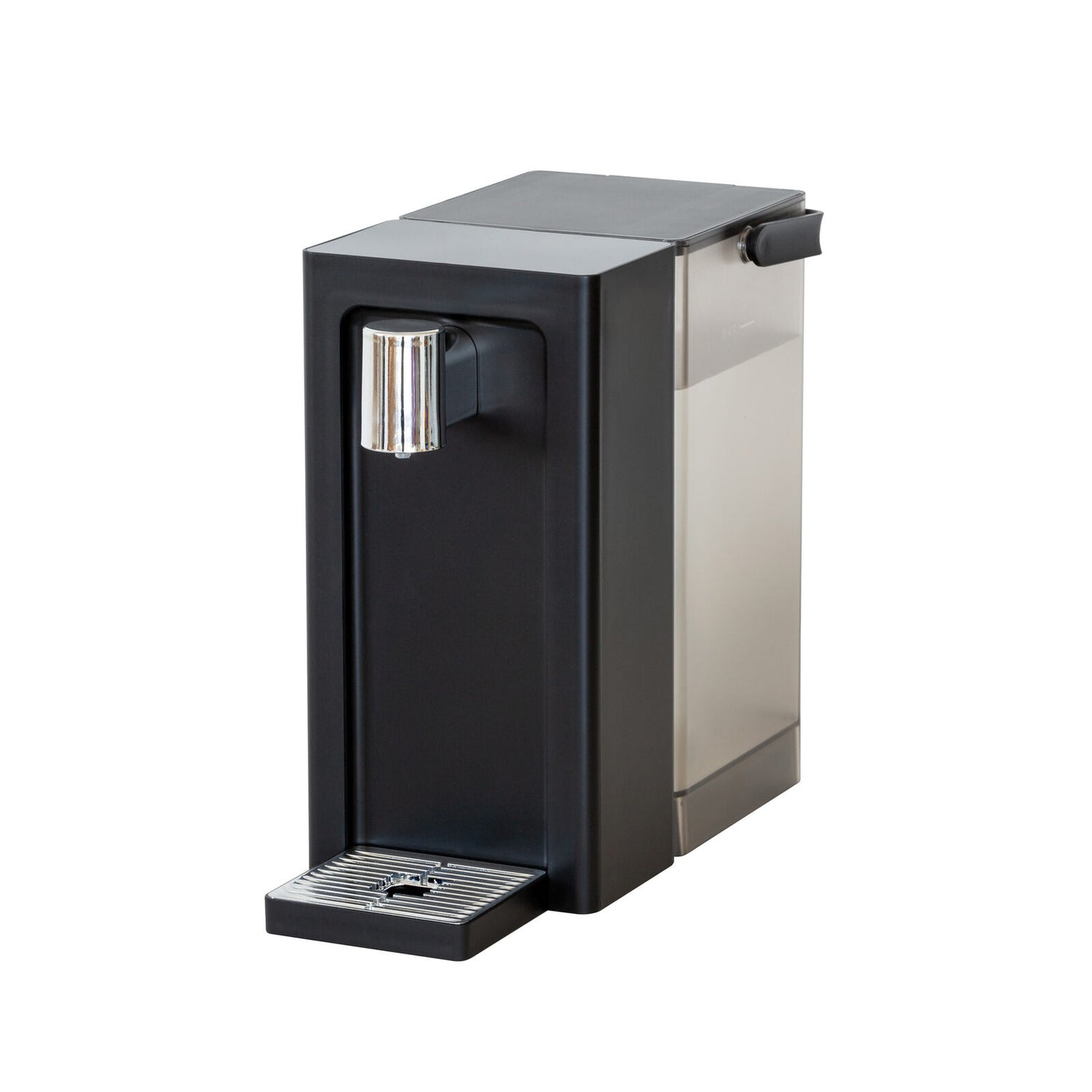 Black and silver water dispenser on a white background