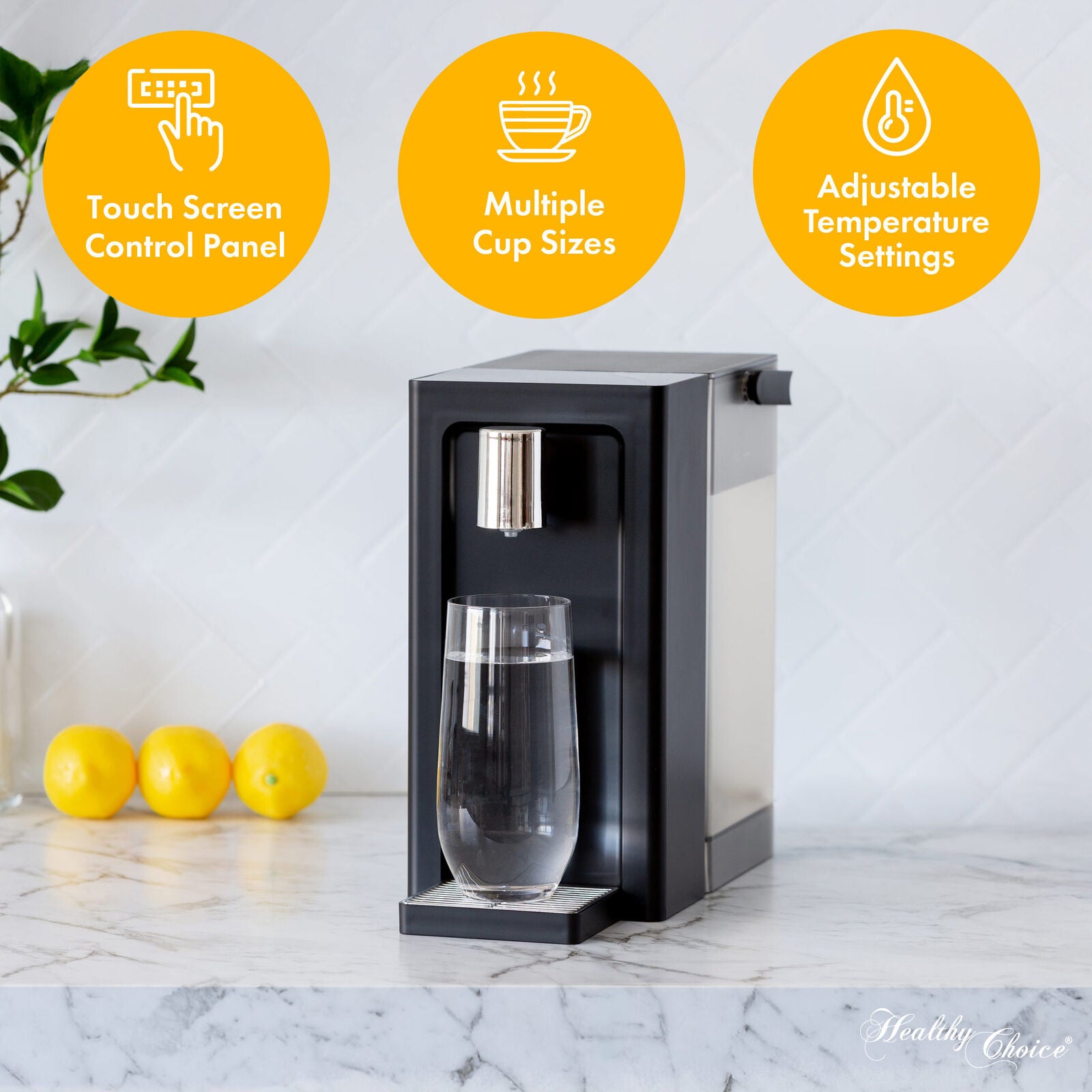 Hot water dispenser with features highlighted on a marble countertop