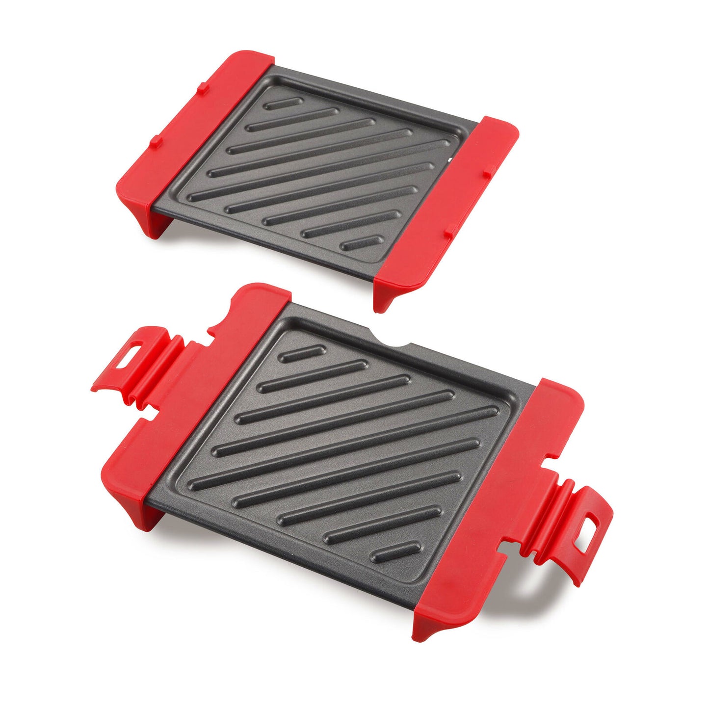 Two portable grills with red plastic frames on a white background