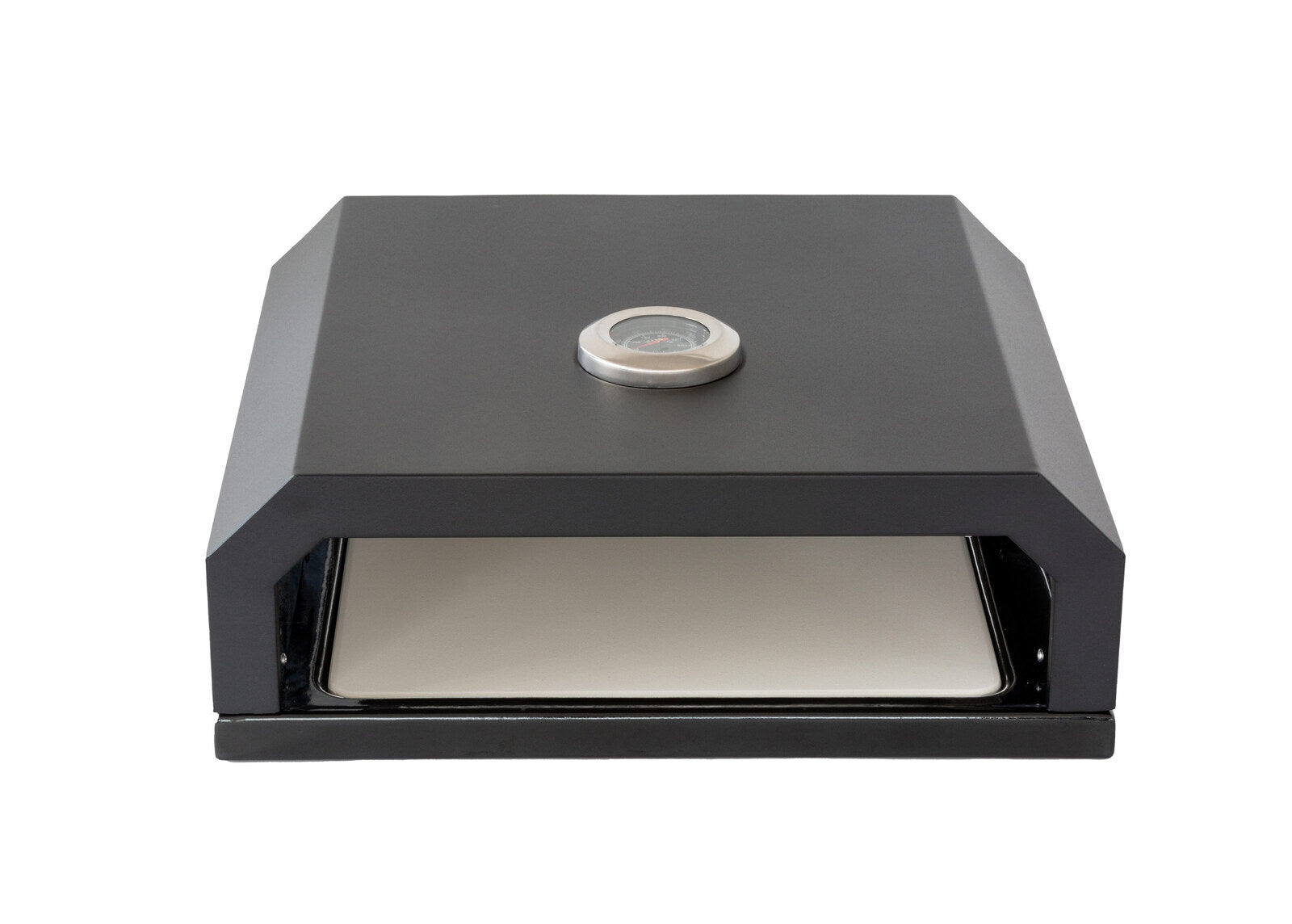 Black outdoor pizza oven with a digital display on a white background