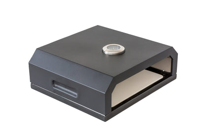 Black electronic device with a circular component on a white background