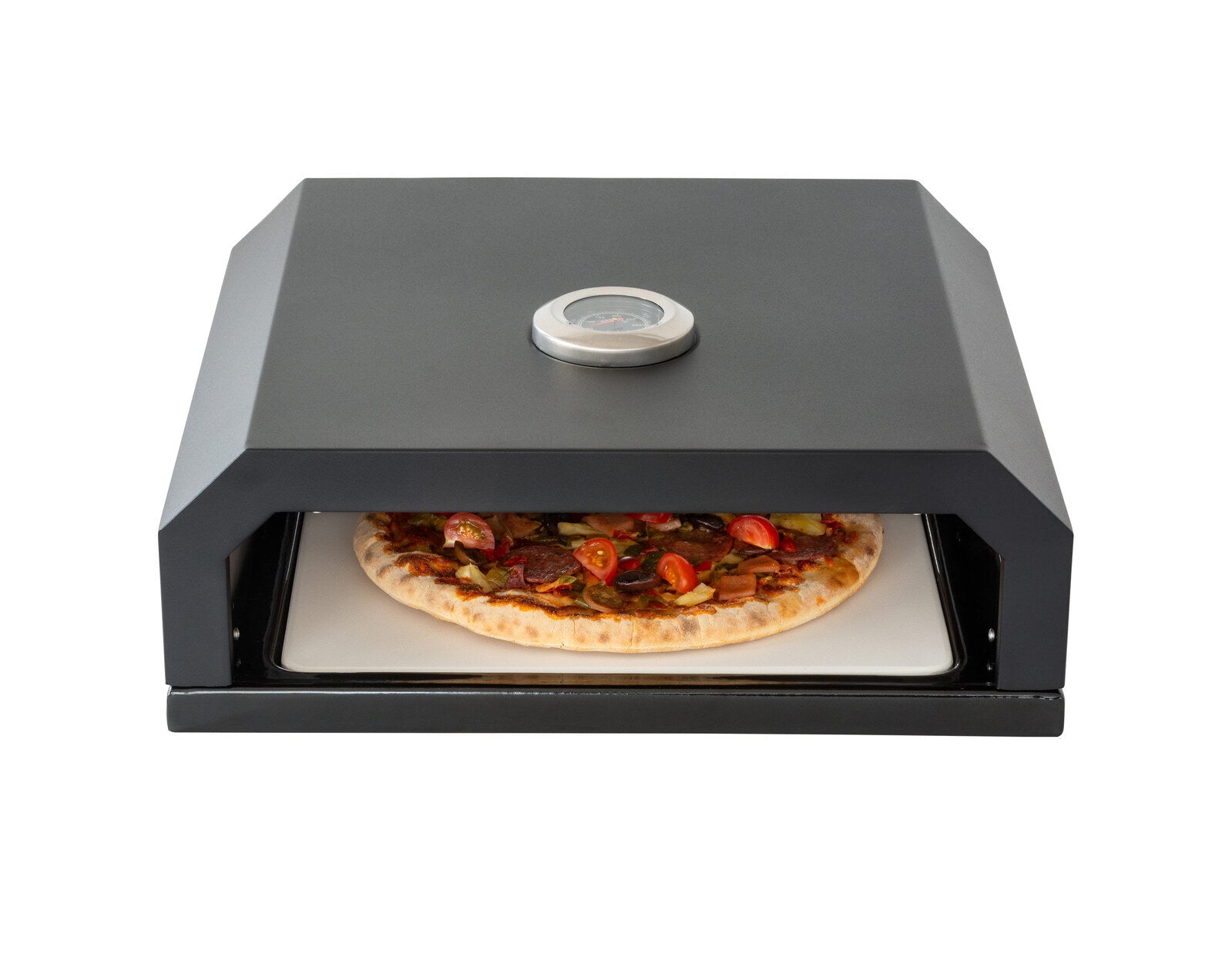 Portable pizza oven with a pizza inside on a white background