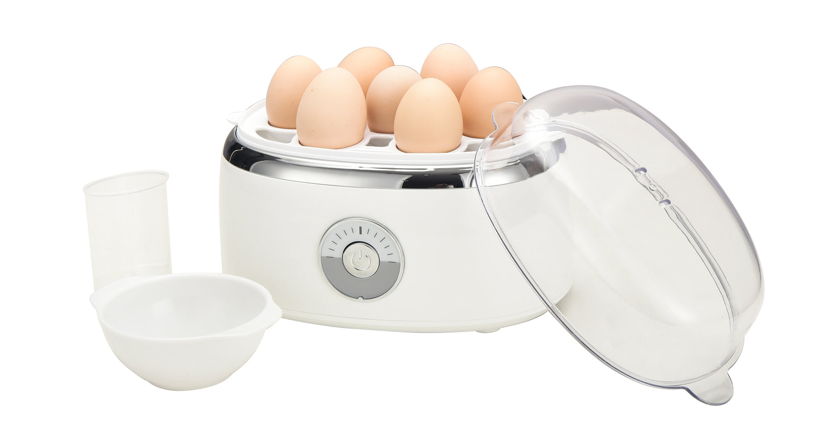 Egg cooker with eggs on a white background