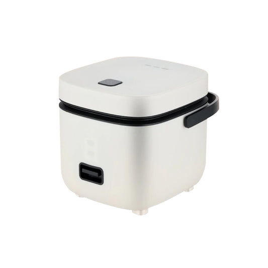 Front view of 1.2L portable rice cooker with white exterior and LED display