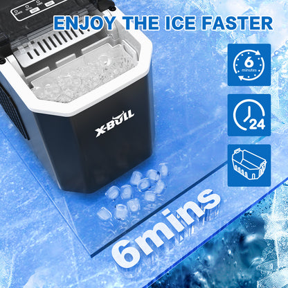 X-BUL ice maker with ice cubes and text 'Enjoy the ice faster' on a blue background