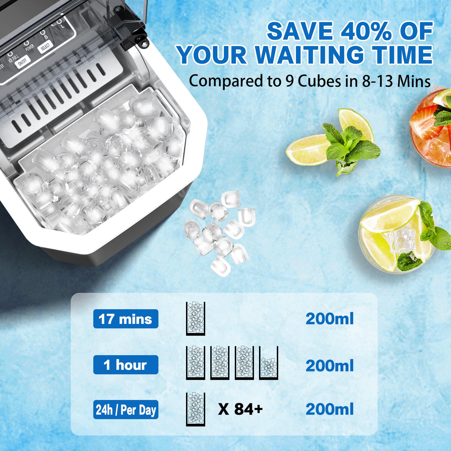 Ice maker with ice cubes and a drink setup, highlighting time savings.