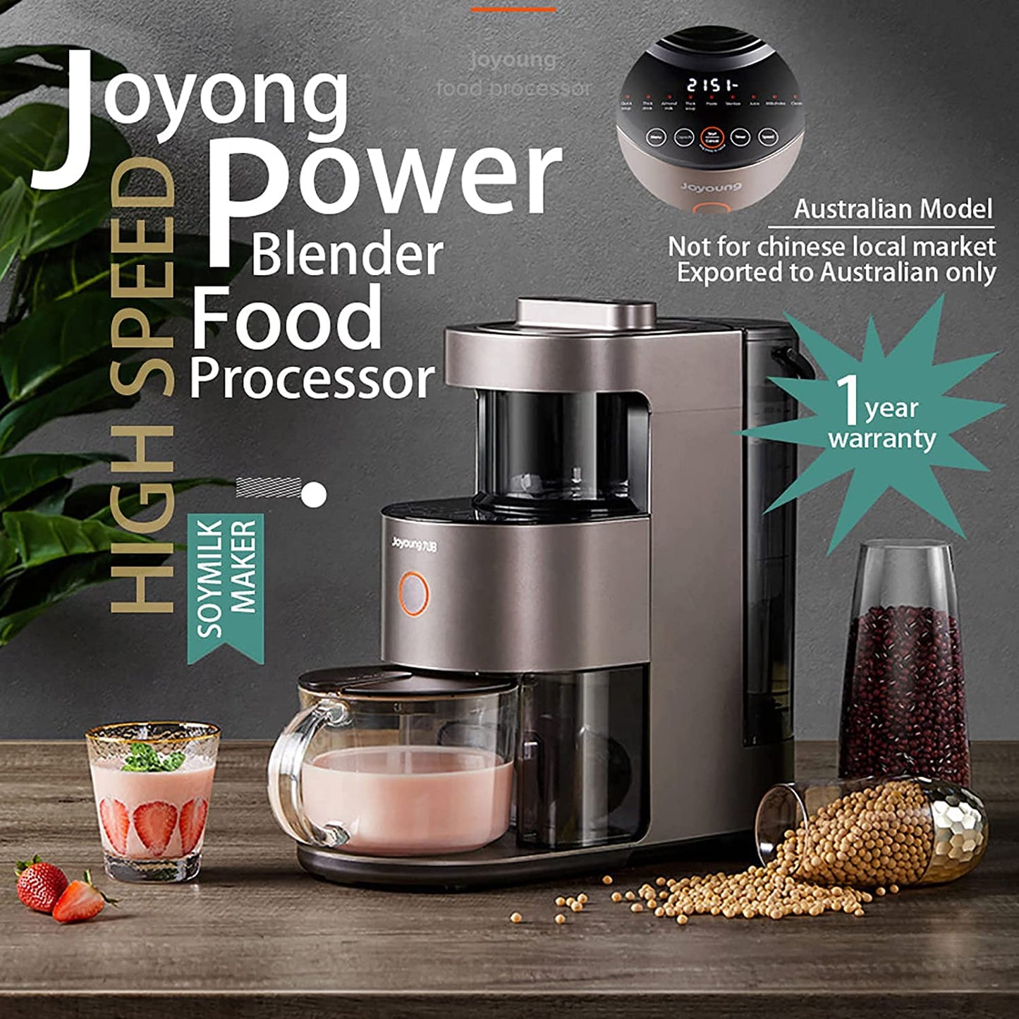 Joyong Power Blender Food Processor on a wooden surface with text highlighting features and warranty.