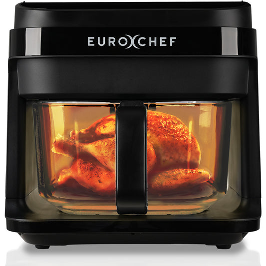 EuroChef air fryer with a roasted chicken inside on a white background