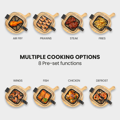 Various food items being cooked on a grill with labels for different cooking functions.
