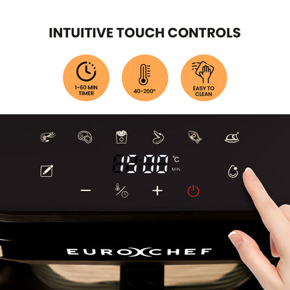EuroChef air fryer control panel with intuitive touch controls and a hand pressing a button.