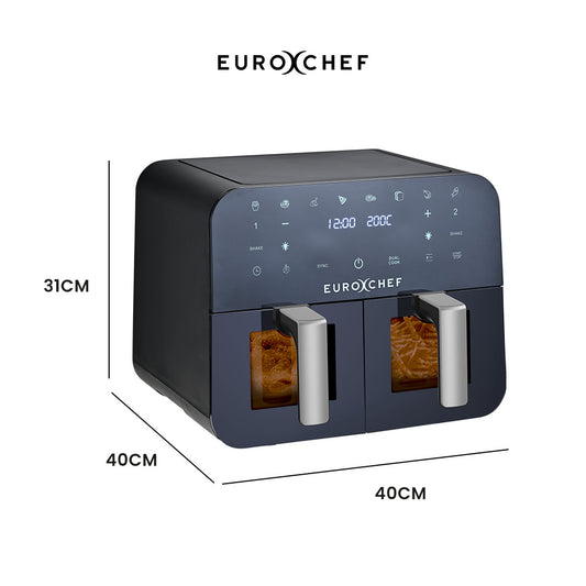 EuroChef air fryer with dimensions on a white background
