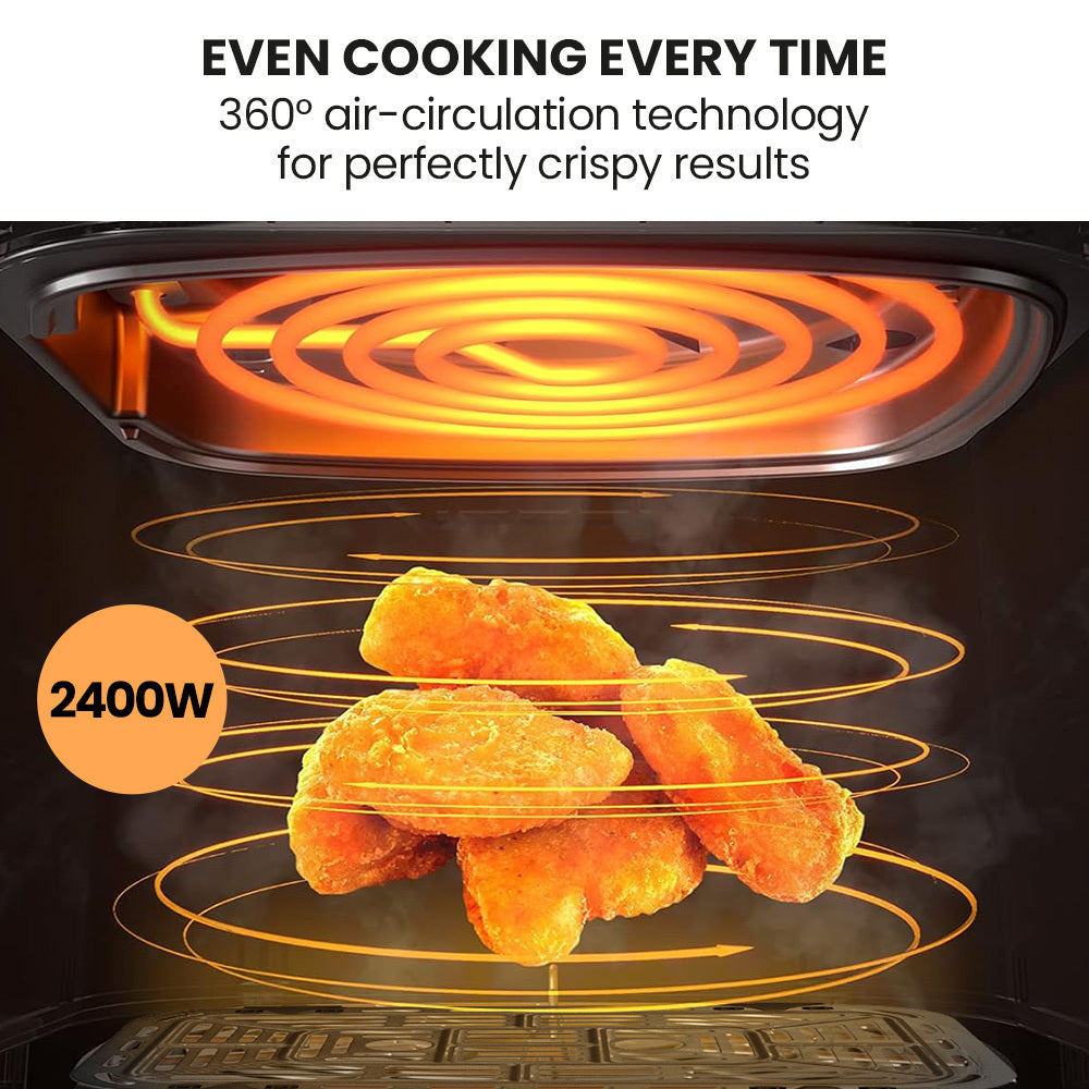 Oven interior with hot coils and crispy food, highlighting 360° air circulation technology.