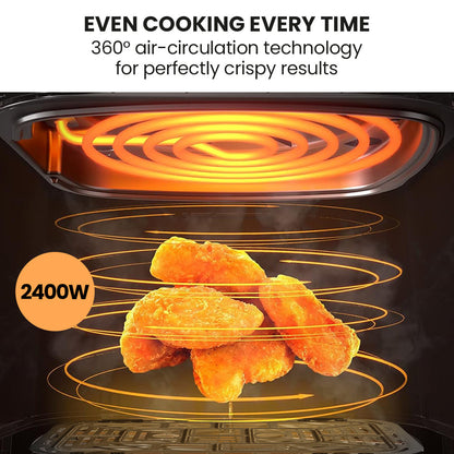 Oven interior with hot coils and crispy food, highlighting 360° air circulation technology.