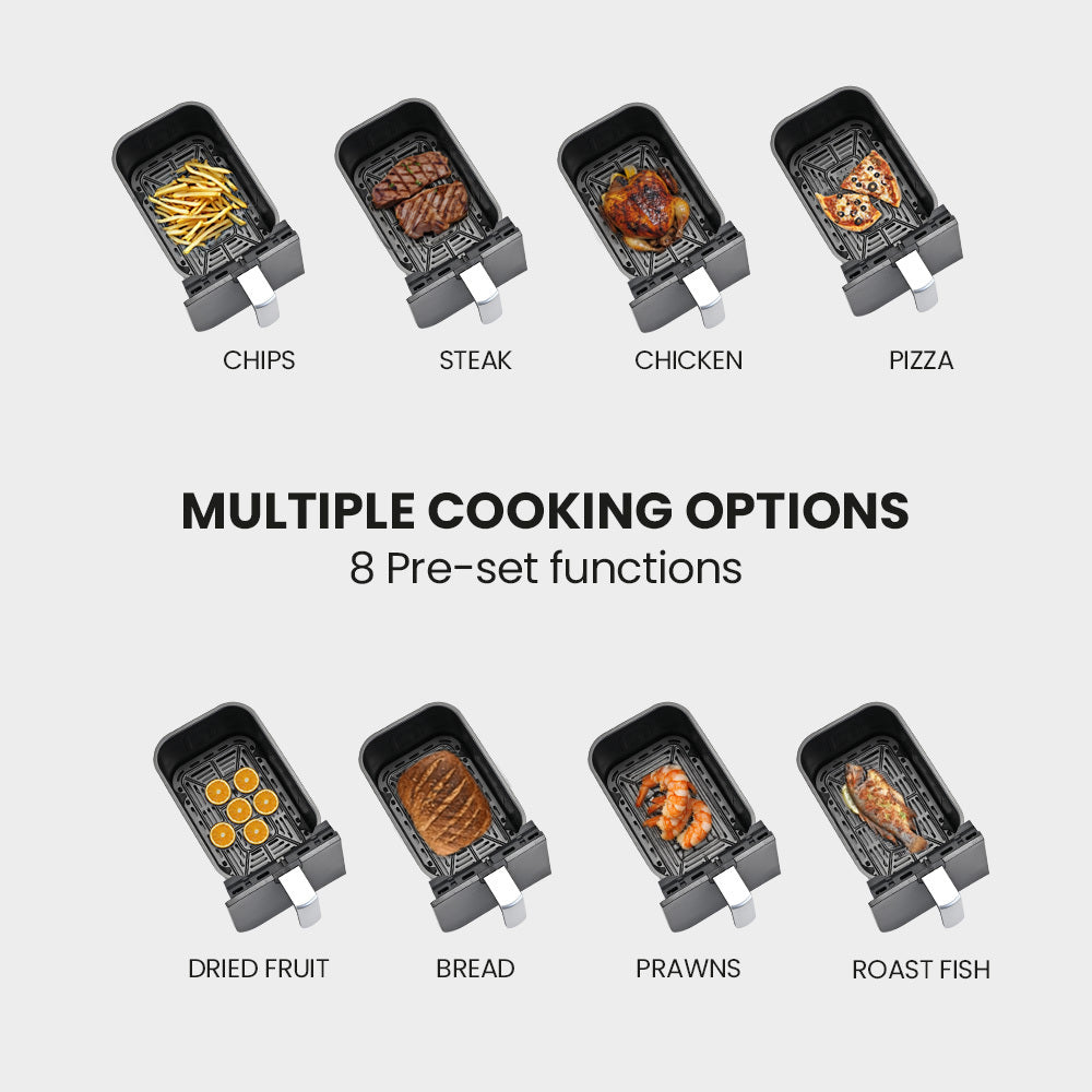 Multiple cooking options for a portable grill with pre-set functions on a white background.