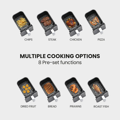 Multiple cooking options for a portable grill with pre-set functions on a white background.