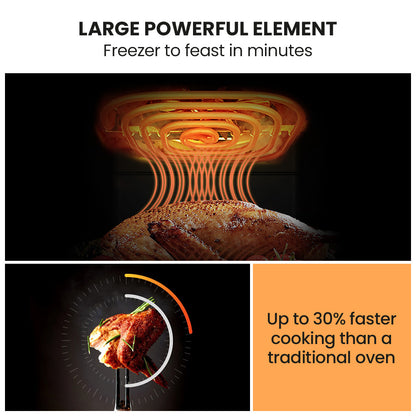 Advertisement for a cooking element with text about faster cooking times compared to traditional ovens.