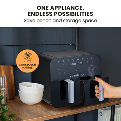 EuroChef air fryer on a kitchen counter with text 'One appliance, endless possibilities' and 'Save bench and storage space'.