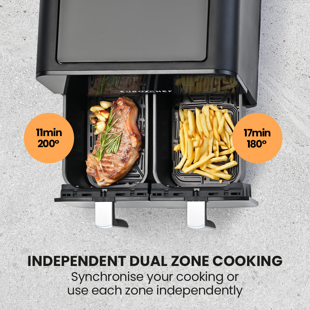 Dual zone cooking appliance with steak and fries, showing cooking times and temperatures.