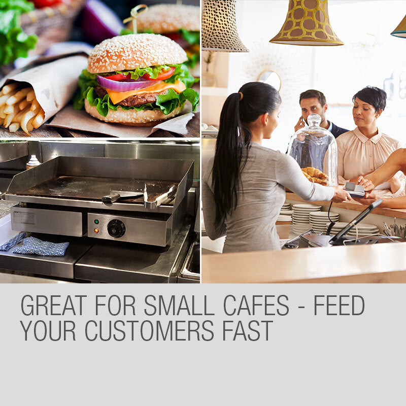 Professional kitchen setup with the Thermomate griddle in use by a chef-model, showing sleek design and performance in a cafe environment.