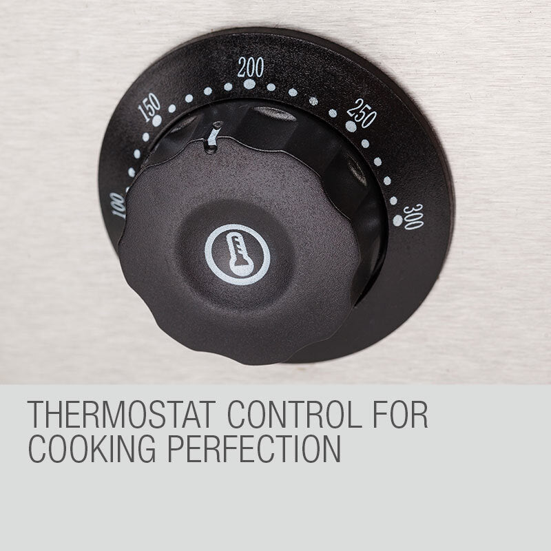 Hand adjusting the Thermomate's precise 50–300°C thermostat dial for optimal cooking control.