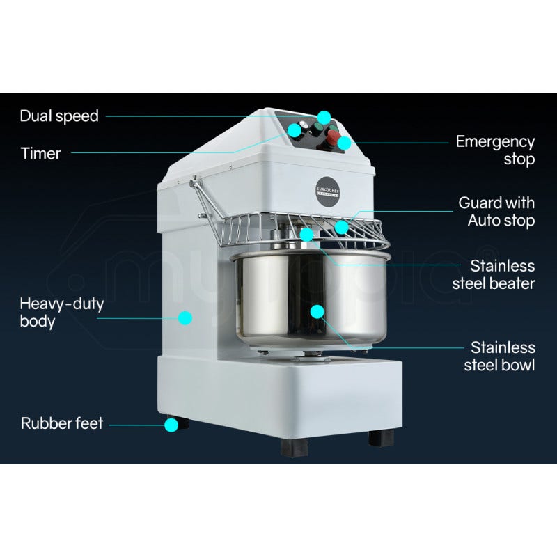 Bread machine with labeled features on a dark background