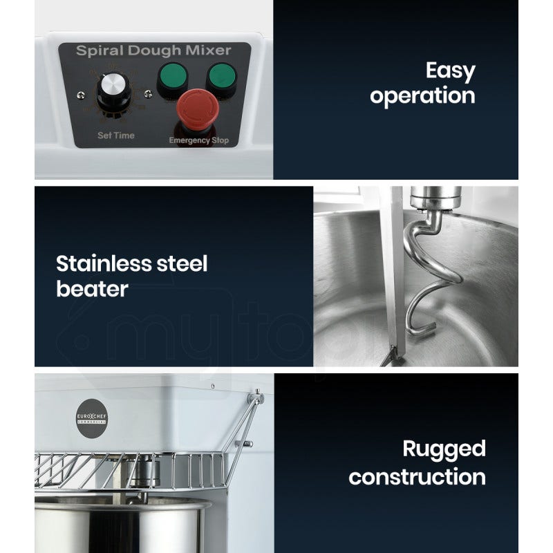 Spiral dough mixer with control panel, stainless steel beater, and rugged construction features.
