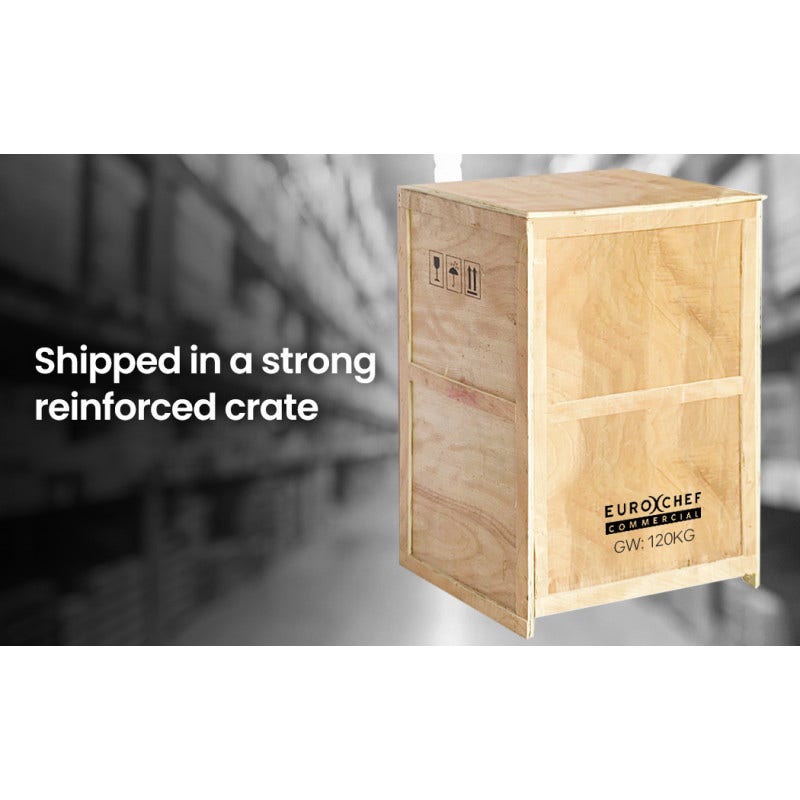 Wooden crate with EUROCHEF branding on a blurred warehouse background