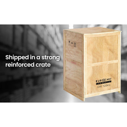 Wooden crate with EUROCHEF branding on a blurred warehouse background