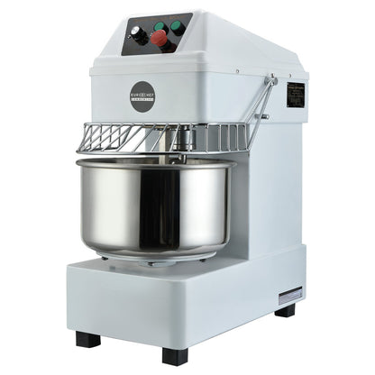 White dough mixer with a metal bowl on a white background