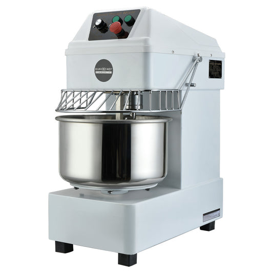 White dough mixer with a metal bowl on a white background