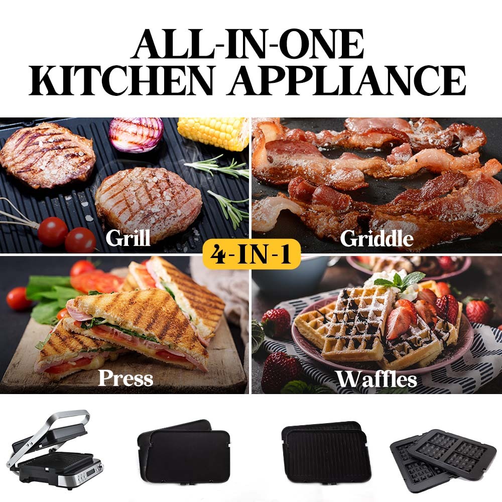 All-in-one kitchen appliance with grill, griddle, press, and waffle maker functions.