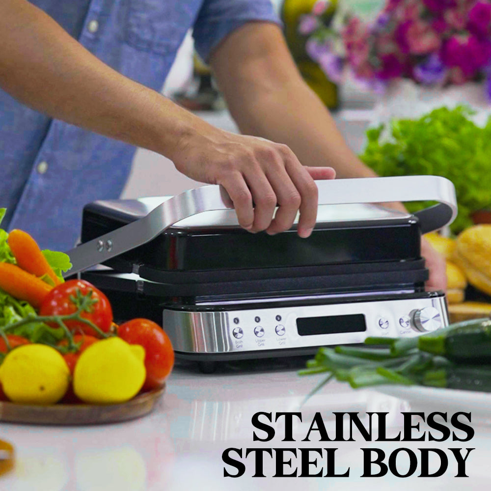 Person using a sandwich maker with vegetables on a kitchen counter, highlighting 'Stainless Steel Body'.