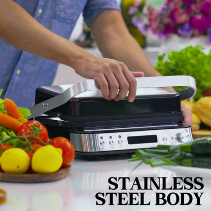 Person using a sandwich maker with vegetables on a kitchen counter, highlighting 'Stainless Steel Body'.